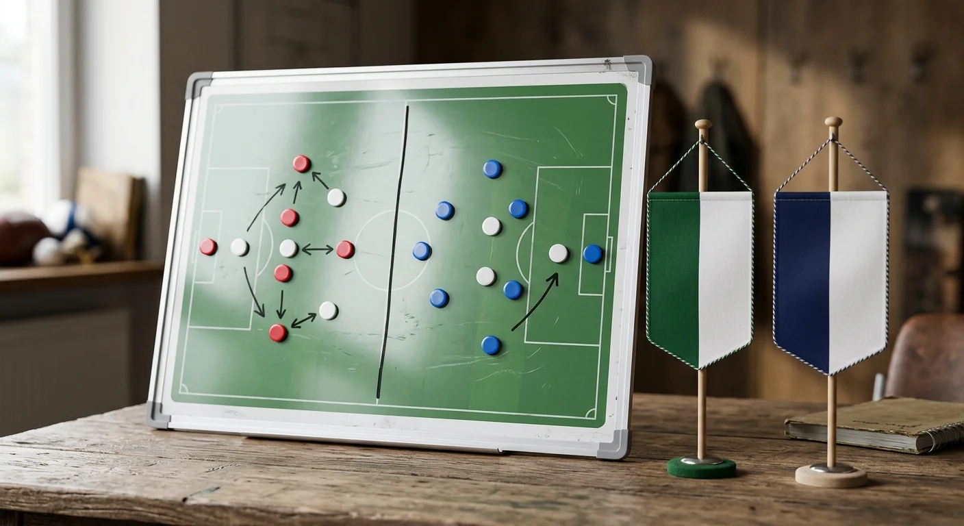 Fussball-Taktiktafel a Fändelen als Symbol fir d'Head-to-Head-Analyse tëscht zwou Ekippen