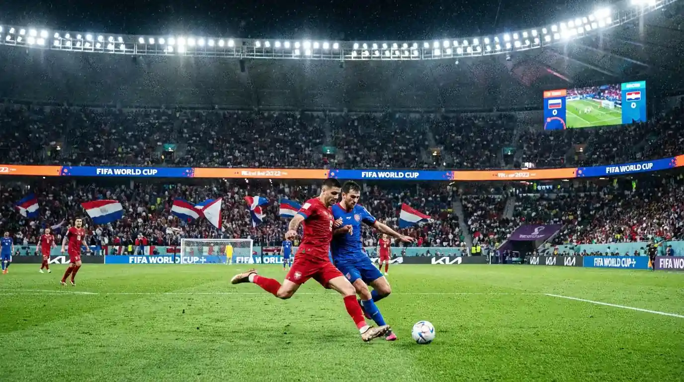 WM 2026 Futtballfeld mat Spiller aus verschiddene Laenner bei engem Gruppephas-Match