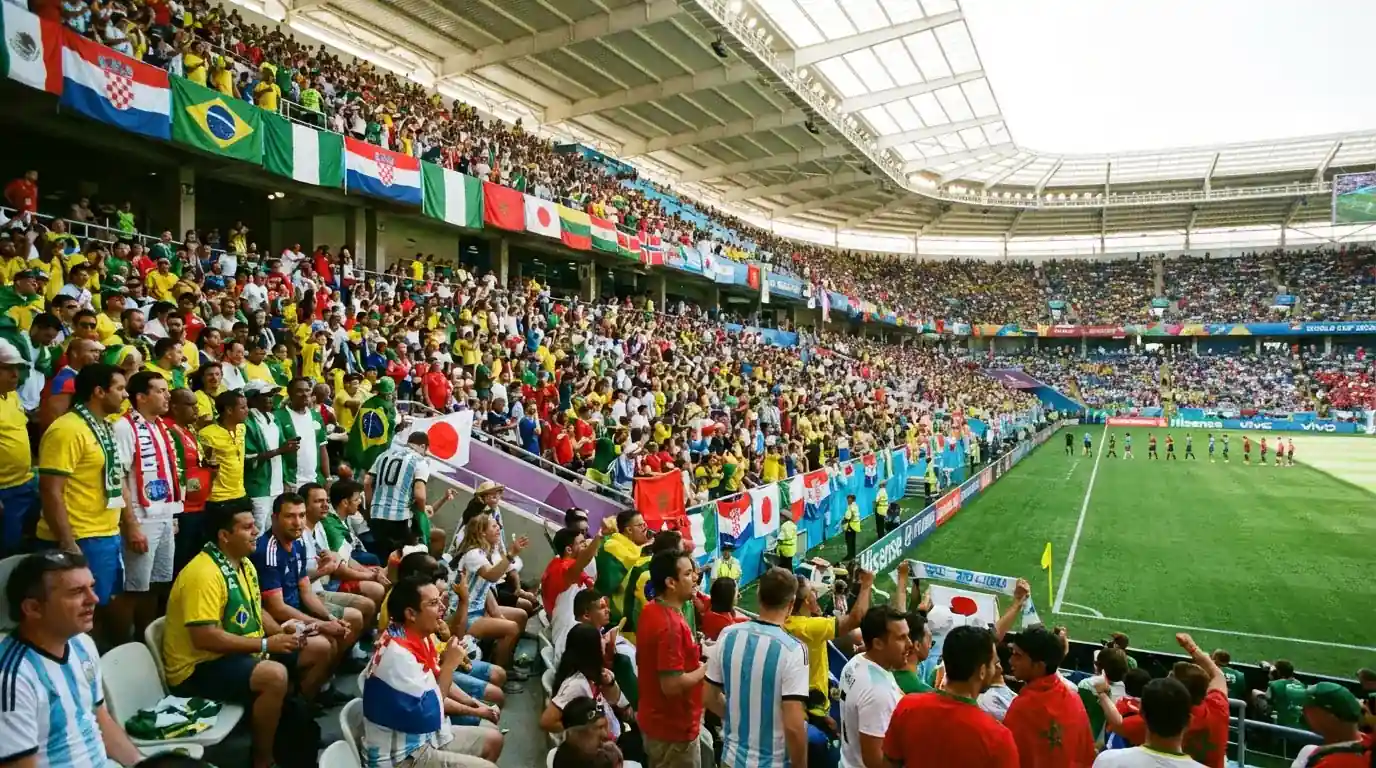 Futtballfannen aus verschiddene Laenner an engem WM 2026 Stadion mat Nationalfaarwen