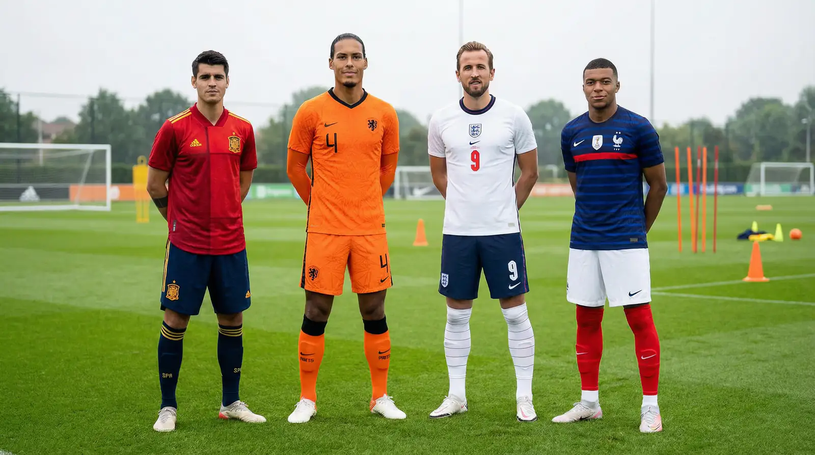 Futtballspiller aus der Belsch, Holland, Däitschland a Frankräich op engem grénge Terrain