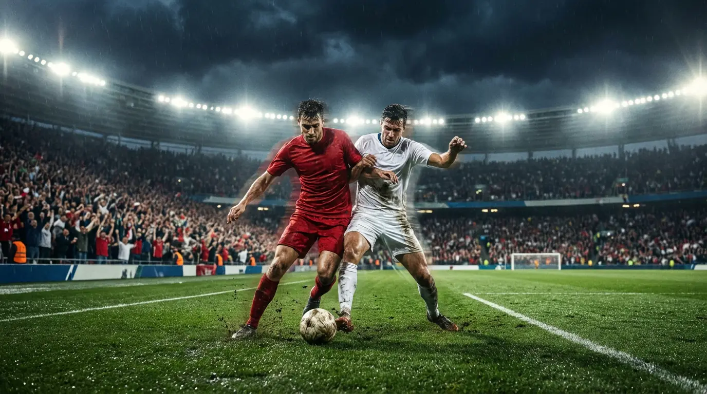 Futtballspiller bei engem intense WM 2026 Knockout-Match ënnert Flutliicht