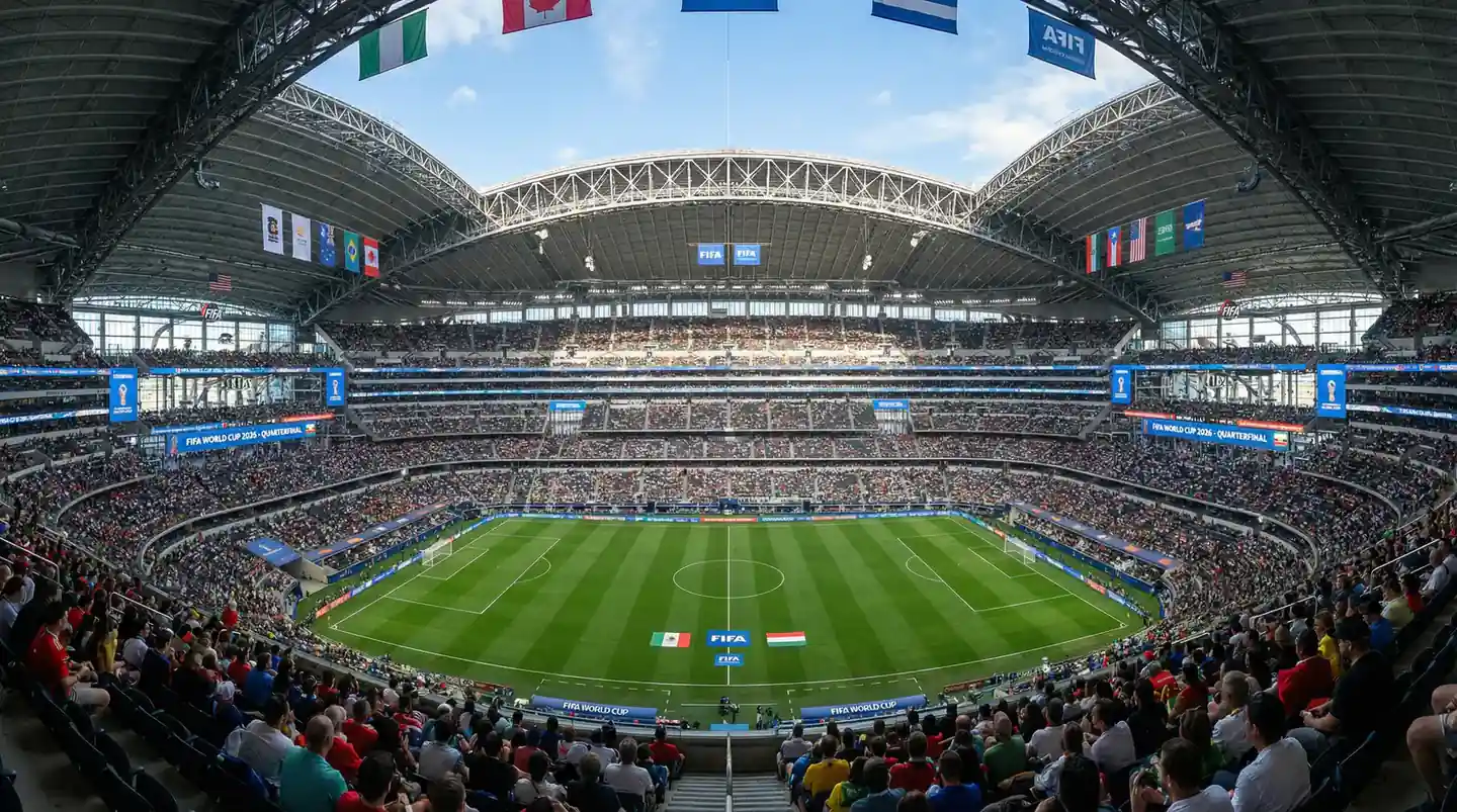 Panorama vun engem grousse WM 2026 Stadion mat grénger Spillfläch a voller Tribün